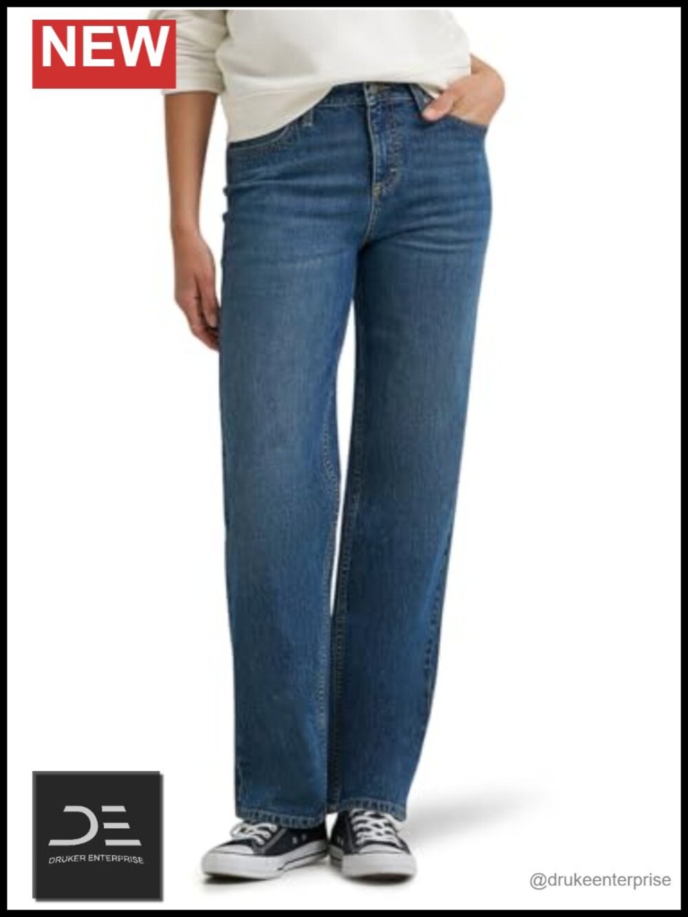 Relaxed Fit Mid-Rise Straight Leg Jeans Cotton Blend Stretch